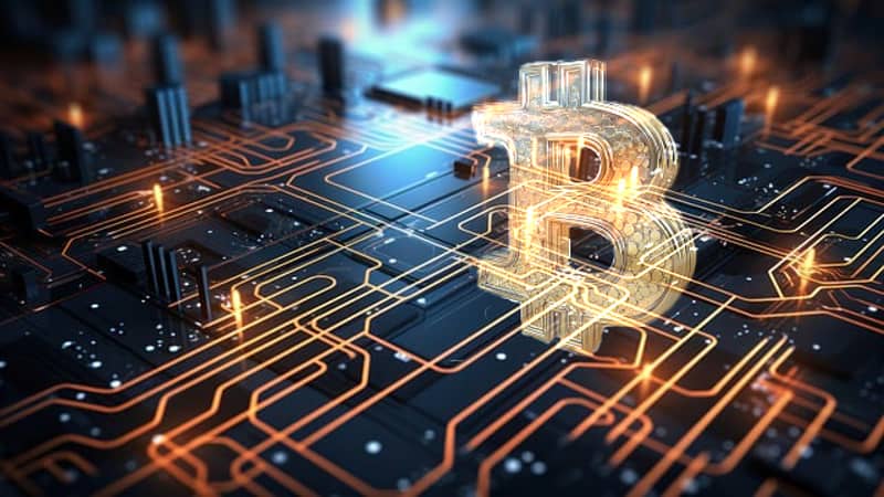 blockchain with Bitcoin 3D logo
