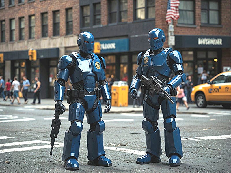 futuristic security police robots patrolling city