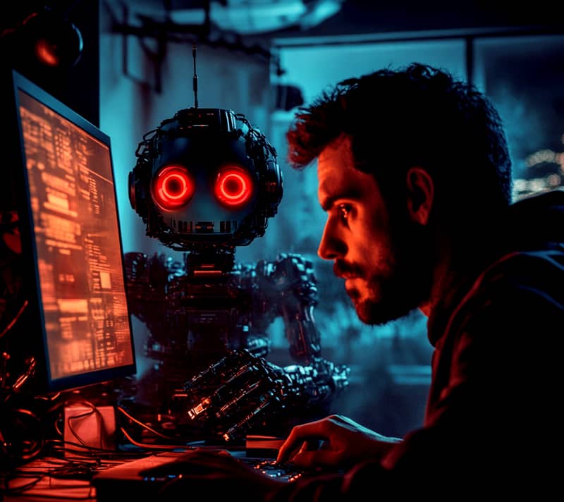 man using computer in a dark place with artificial intelligence robot