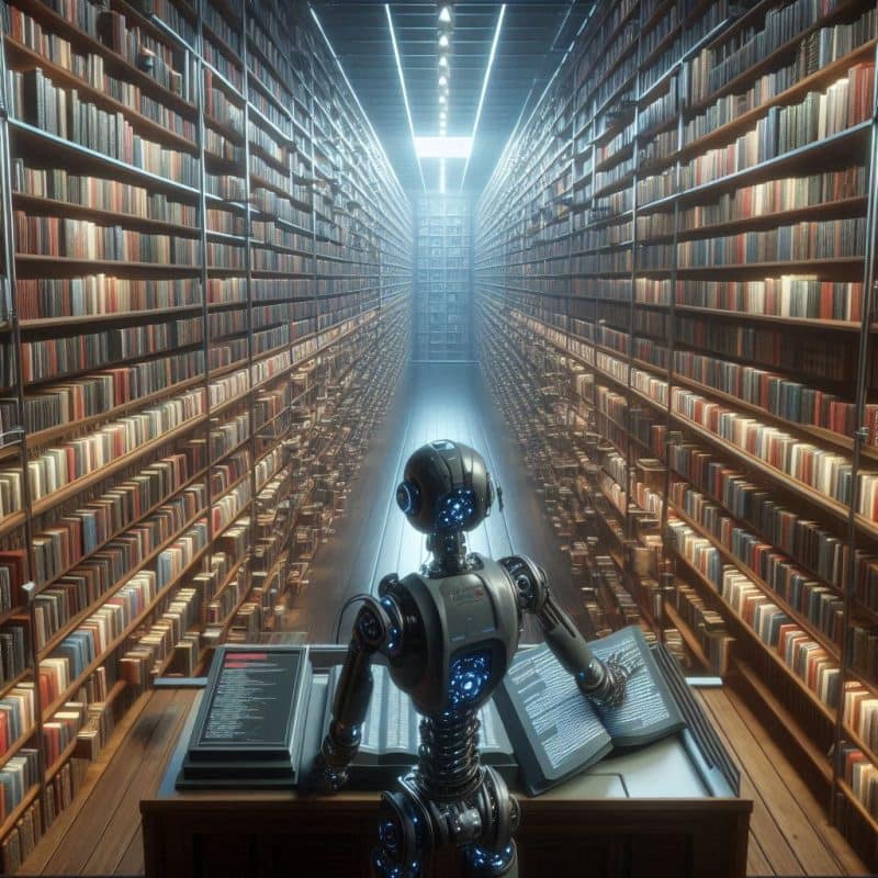 futuristic robot working in a huge library