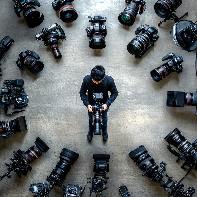 360 videographer professional surrounded by cameras