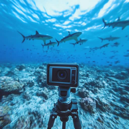 underwater 360 camera with swimming sharks