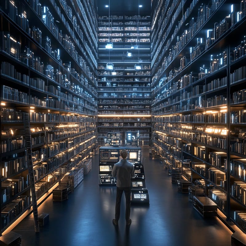 man working in a huge computer warehouse