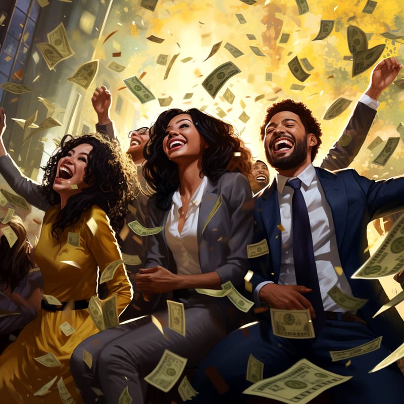 happy people enjoying money rain
