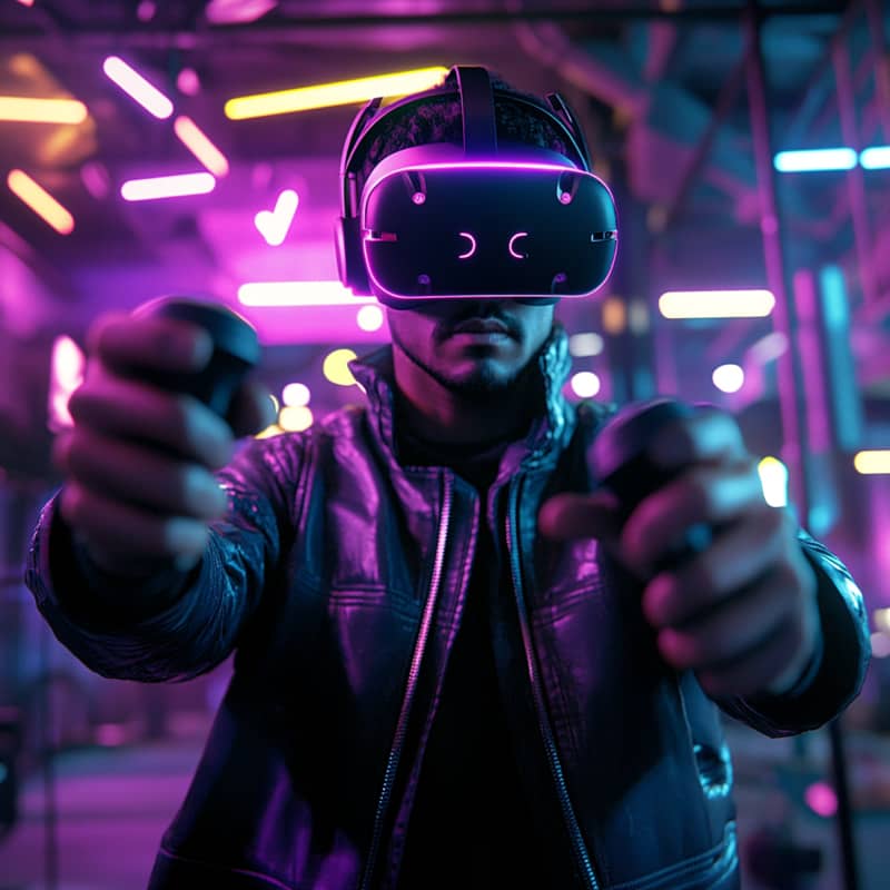 man engaged in metaverse with a virtual reality device